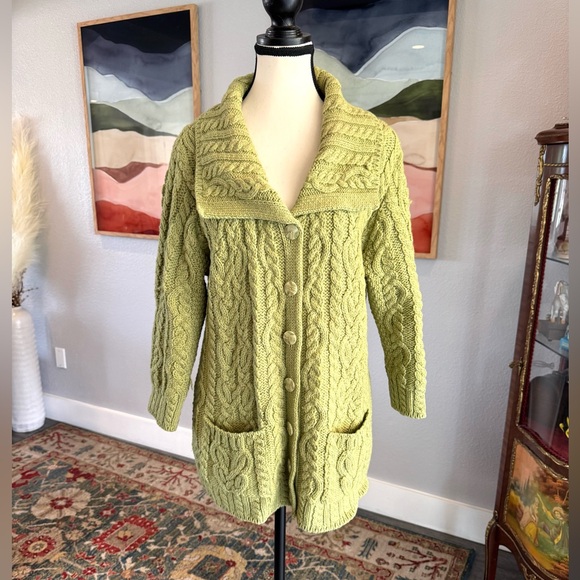 Aran Crafts Green Cable Wool Knit Sweater Cardigan - Picture 7 of 14